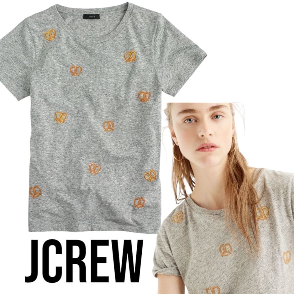JCrew 🥨 🥨 🥨 Embroidered Pretzels Heather Gray Cotton Tee Size S